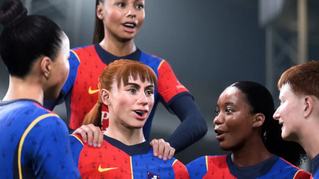 AFC Richmond Women players celebrating in their red and blue kit in EA Sports FC 27