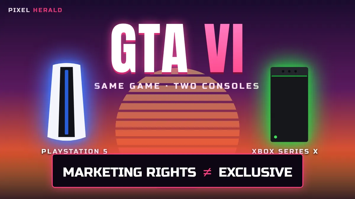 Stylized PS5 and Xbox Series X consoles flanking the GTA VI title with the text Marketing Rights ≠ Exclusive